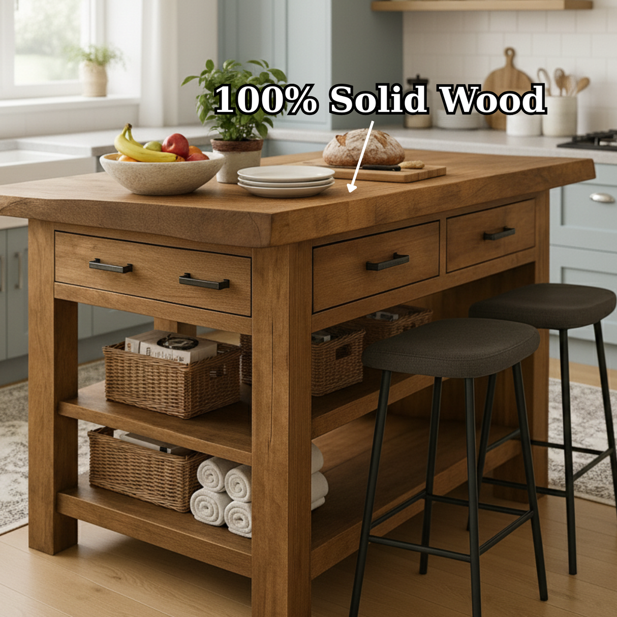 Handcrafted Solid Wood Kitchen Island - Rustic Top, Drawers & Open Shelving