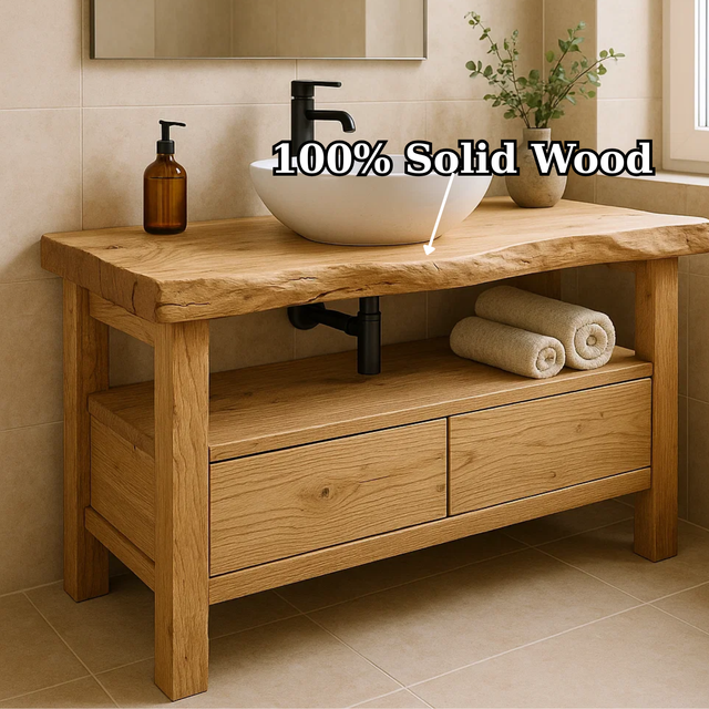 Handcrafted Solid Wood Bathroom Vanity - Live Edge Rustic Stand with Drawers & Shelf