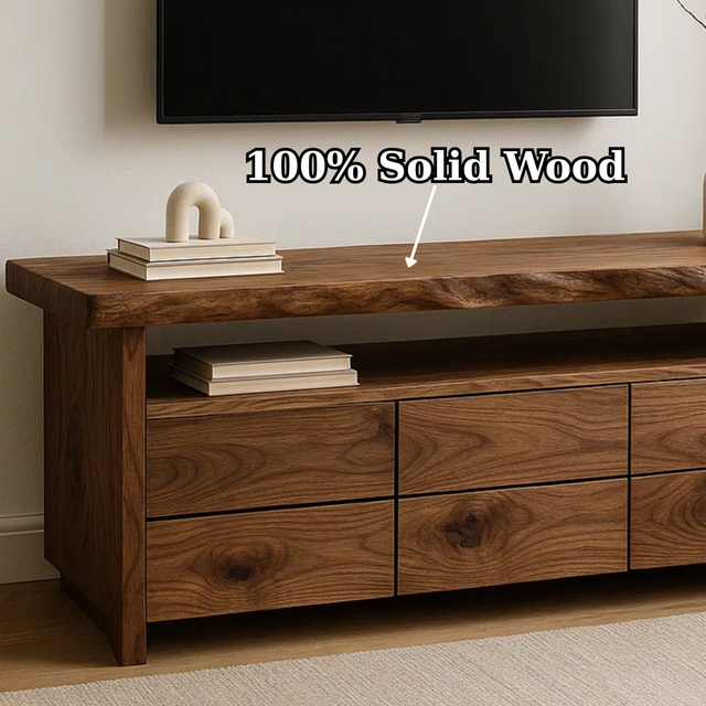 Handcrafted Solid Wood TV Stand with Live Edge Walnut Top and Modern Storage
