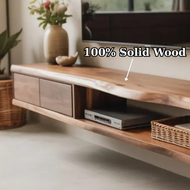 Handcrafted Solid Wood Floating TV Stand, Live Edge Media Console, Wall-Mounted