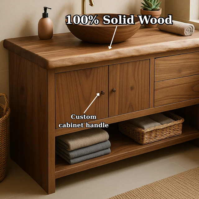 Handcrafted Solid Wood Bathroom Vanity with Live Edge Walnut Top and Storage Cabinet
