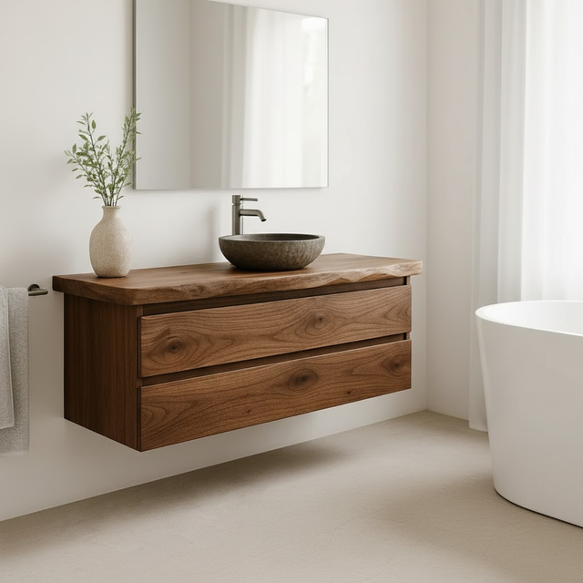 Handcrafted Solid Wood Floating Vanity - Modern Live Edge Wall-Mounted Cabinet