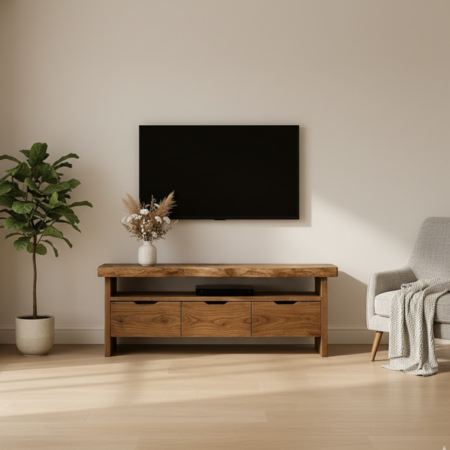 Handcrafted Solid Wood TV Stand with Live Edge Walnut Top and 3 Drawers