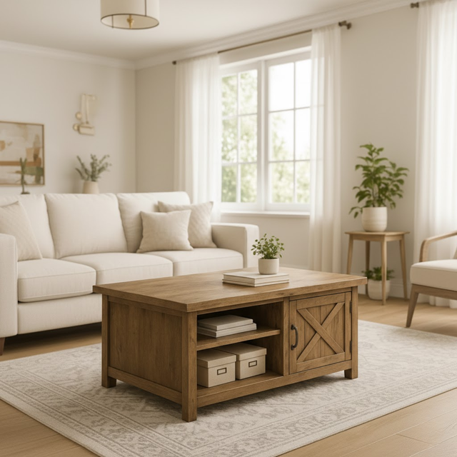 Handcrafted Solid Wood Coffee Table – Farmhouse Style with Storage Drawer and Shelves