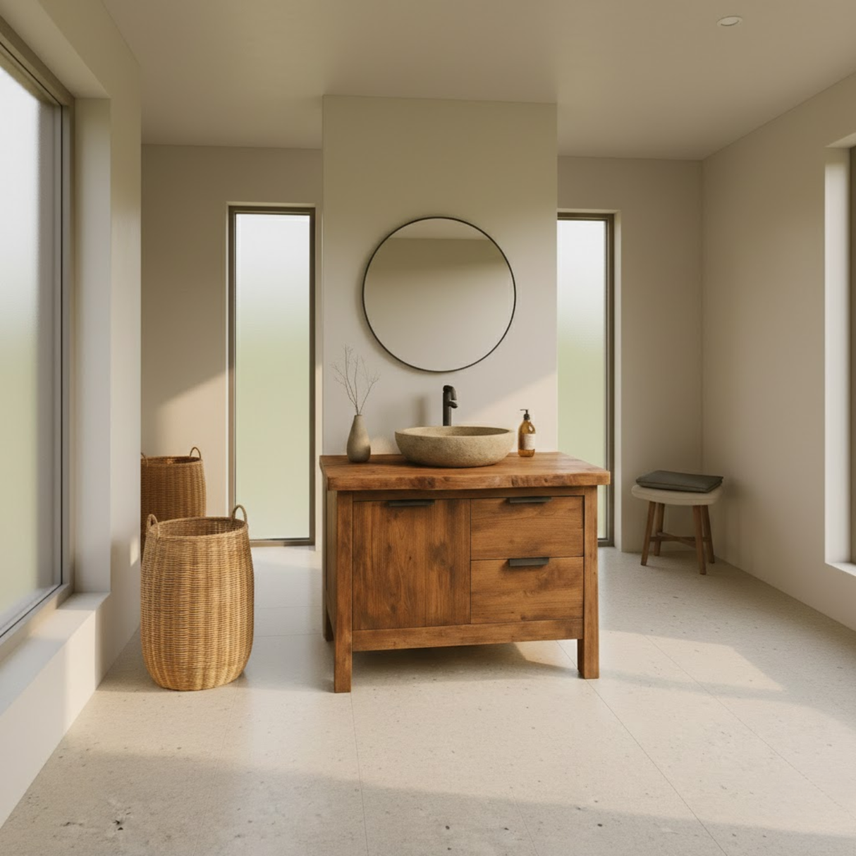 Handcrafted Solid Wood Bathroom Vanity with Live-Edge Top and Modern Drawer Design