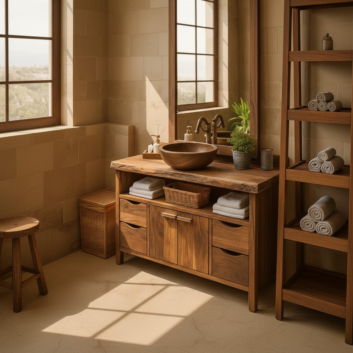 Handcrafted Solid Wood Bathroom Vanity with Live Edge Walnut Top and Double Storage Cabinets