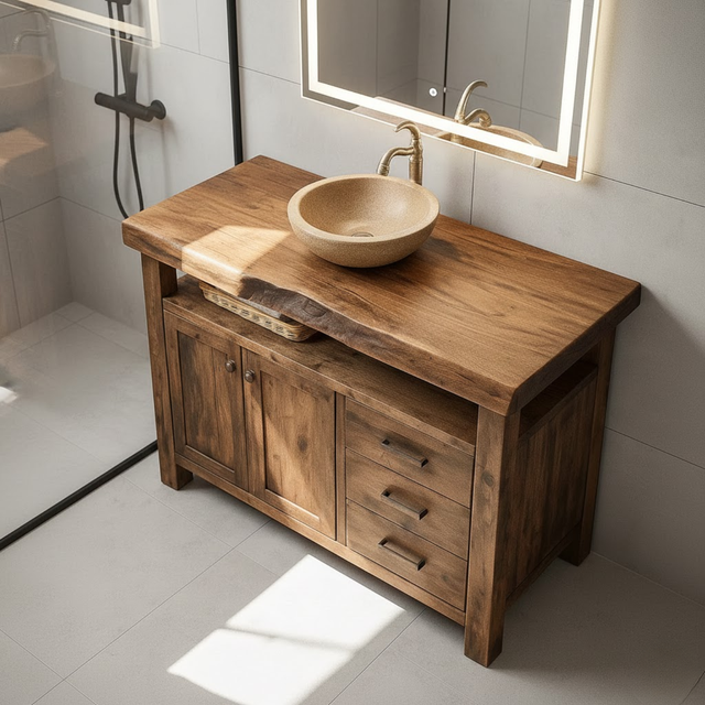 Handcrafted Solid Wood Bathroom Vanity with Live Edge Walnut Top, 3 Drawers and Cabinet