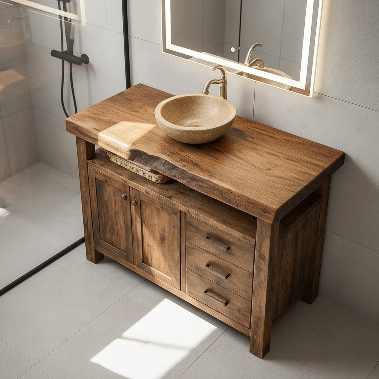 Handcrafted Solid Wood Bathroom Vanity with Live Edge Walnut Top, 3 Drawers and Cabinet
