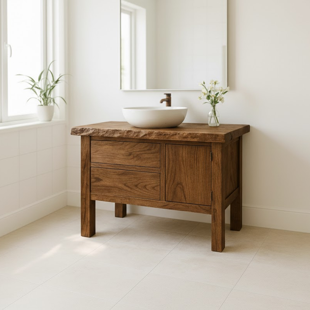 Handcrafted Solid Wood Bathroom Vanity - Live Edge Top, 2 Drawers & Single Door Cabinet
