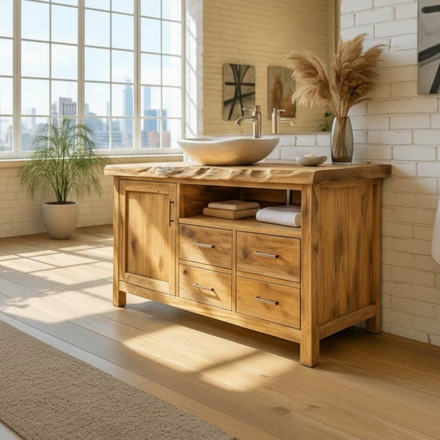 Handcrafted Solid Wood Bathroom Vanity with Live Edge Top and Four Storage Drawers