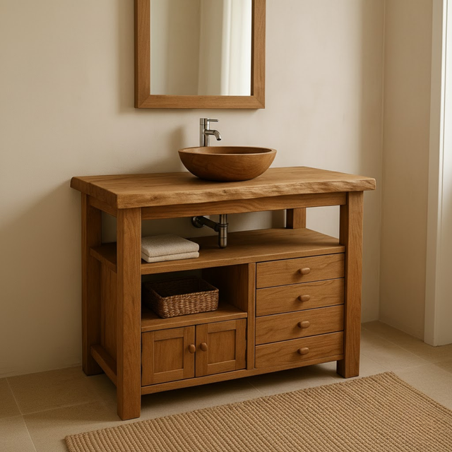 Handcrafted Solid Wood Bathroom Vanity with Live Edge Top and Multi Storage