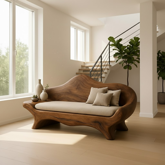 Handcrafted Solid Wood Sofa – Sculptural Organic Wood Couch with Linen Cushion