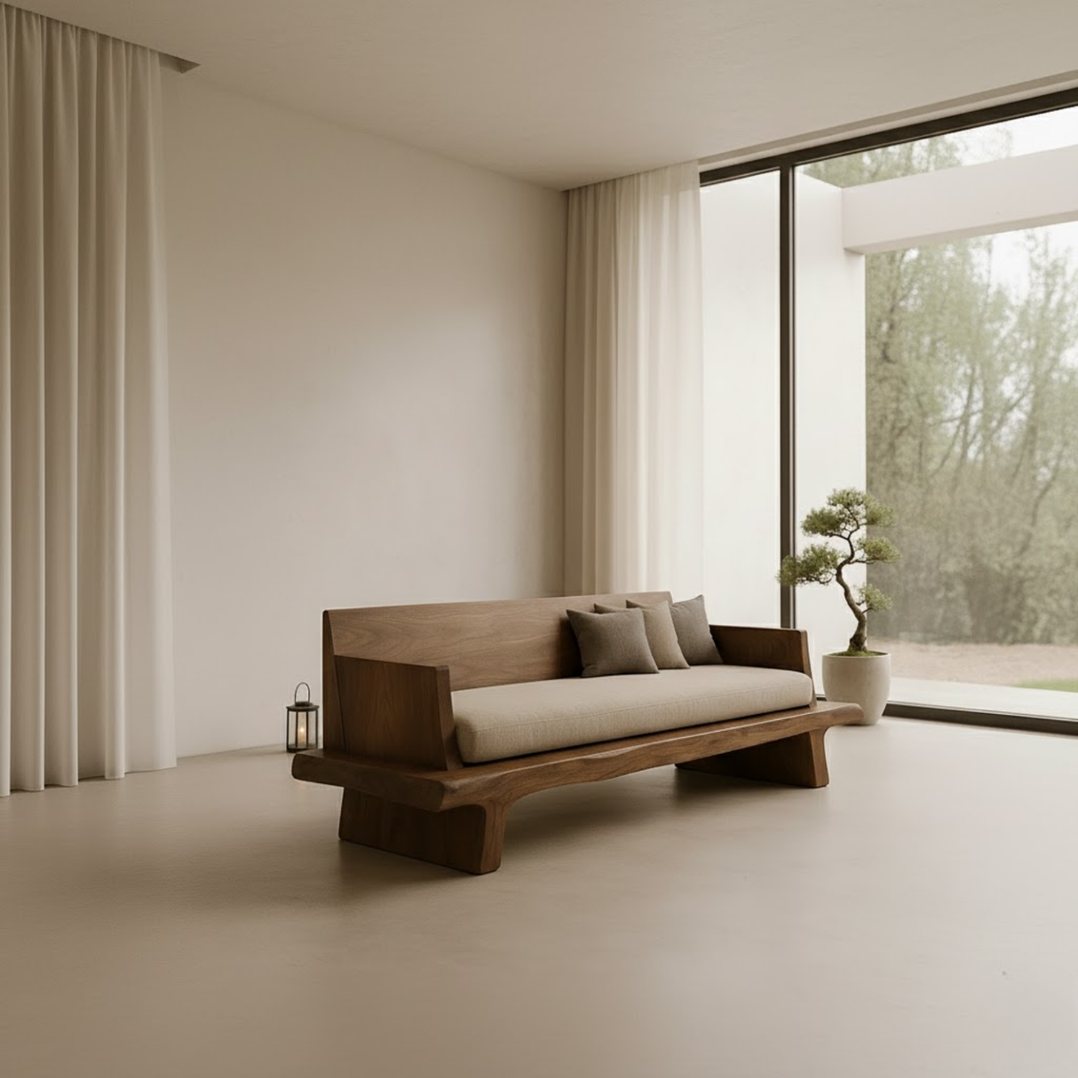 Handcrafted Solid Wood Sofa – Minimalist Wooden Couch with Natural Live Edge Base