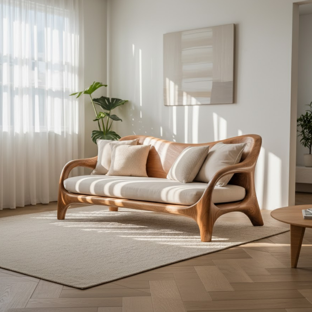Handcrafted Solid Wood Sofa – Rustic Live Edge Wooden Couch with Modern Minimal Design