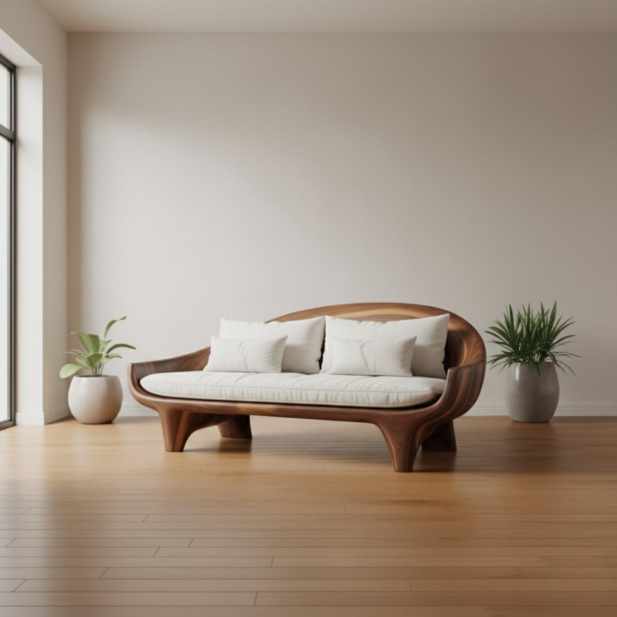 Handcrafted Solid Wood Sofa – Modern Organic Wood Couch with Smooth Curves and Linen Cushions