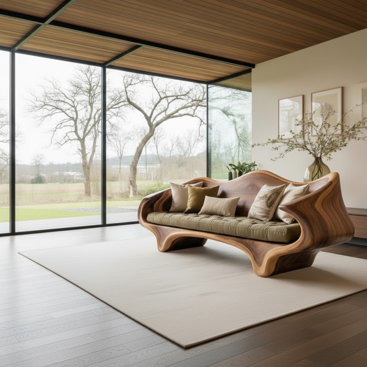 Handcrafted Solid Wood Sofa – Sculptural Organic Wood Couch with Artistic Curves and Cushion Seat