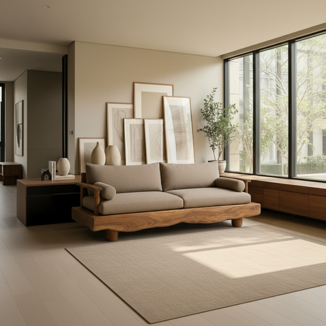 Handcrafted Solid Wood Sofa – Rustic Live Edge Wood Couch with Modern Minimalist Cushion Design