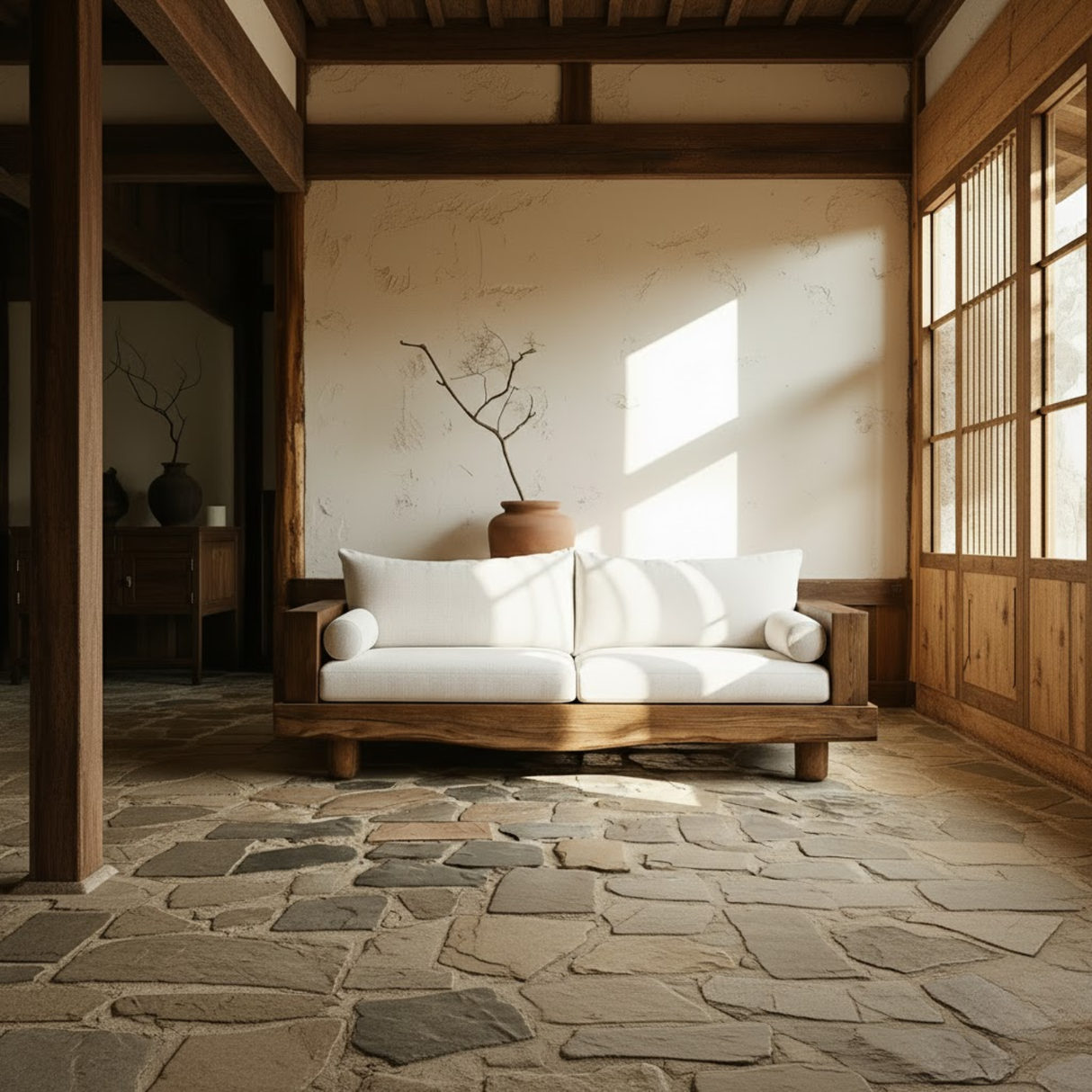 Handcrafted Solid Wood Sofa – Rustic Live Edge Wood Couch with Minimalist Linen Cushions