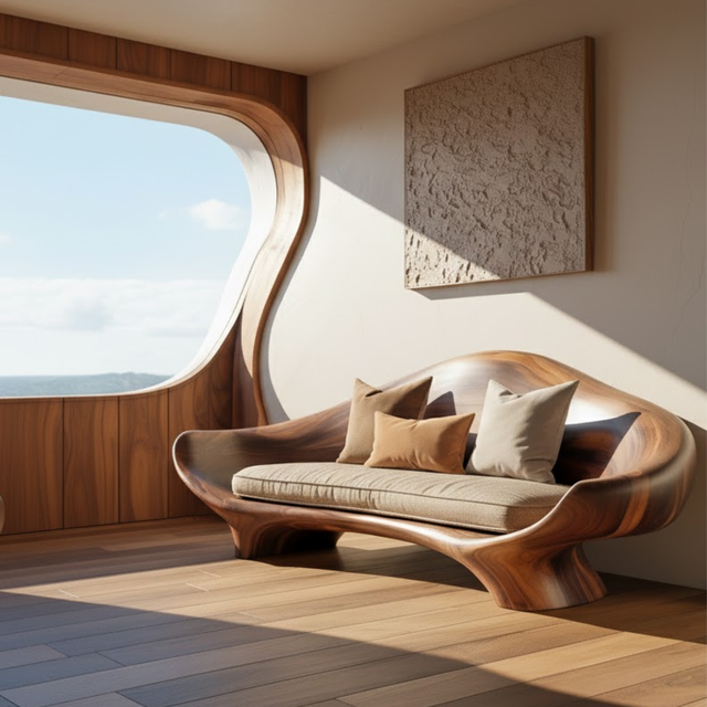 Handcrafted Solid Wood Sofa – Sculptural Organic Wood Couch with Smooth Curves and Linen Cushion