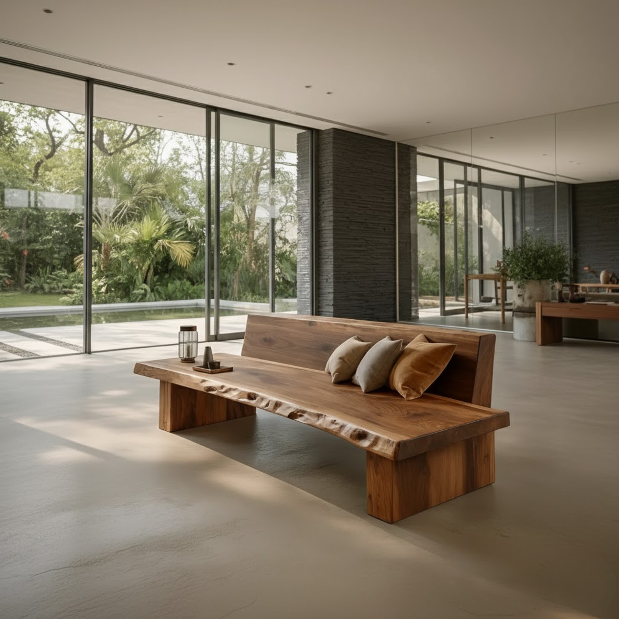 Handcrafted Solid Wood Sofa – Sculptural Organic Form with Smooth Curves and Elegant Cushion Detailing