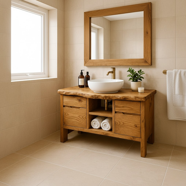 Handcrafted Solid Wood Bathroom Vanity with Live Edge Oak Top and Storage Shelves