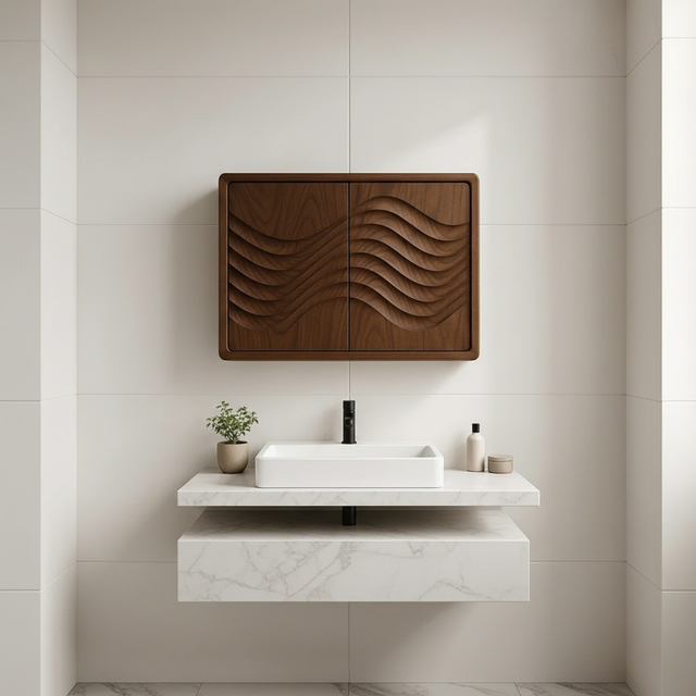 Handcrafted Solid Wood Wall Cabinet with Sculpted Wave Doors – Modern Artistic Bathroom Storage