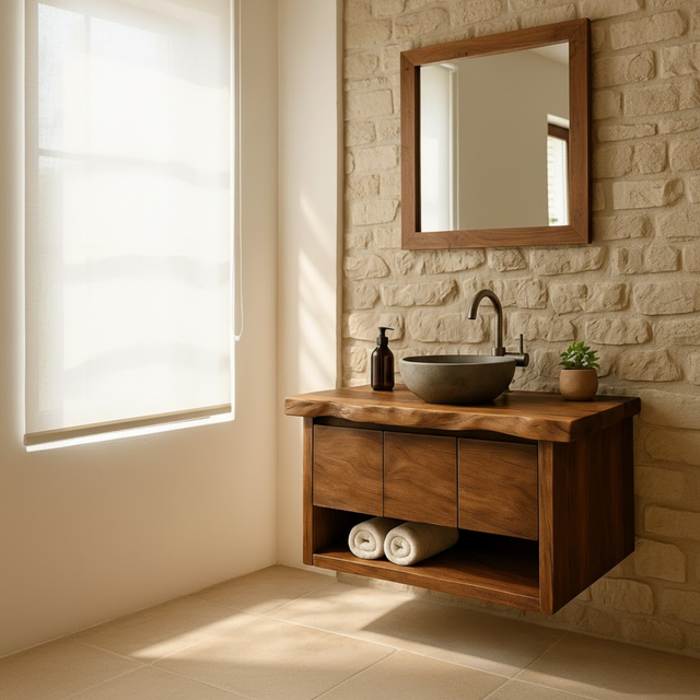Handcrafted Solid Wood Floating Bathroom Vanity with Live Edge Top - Rustic Modern Washstand