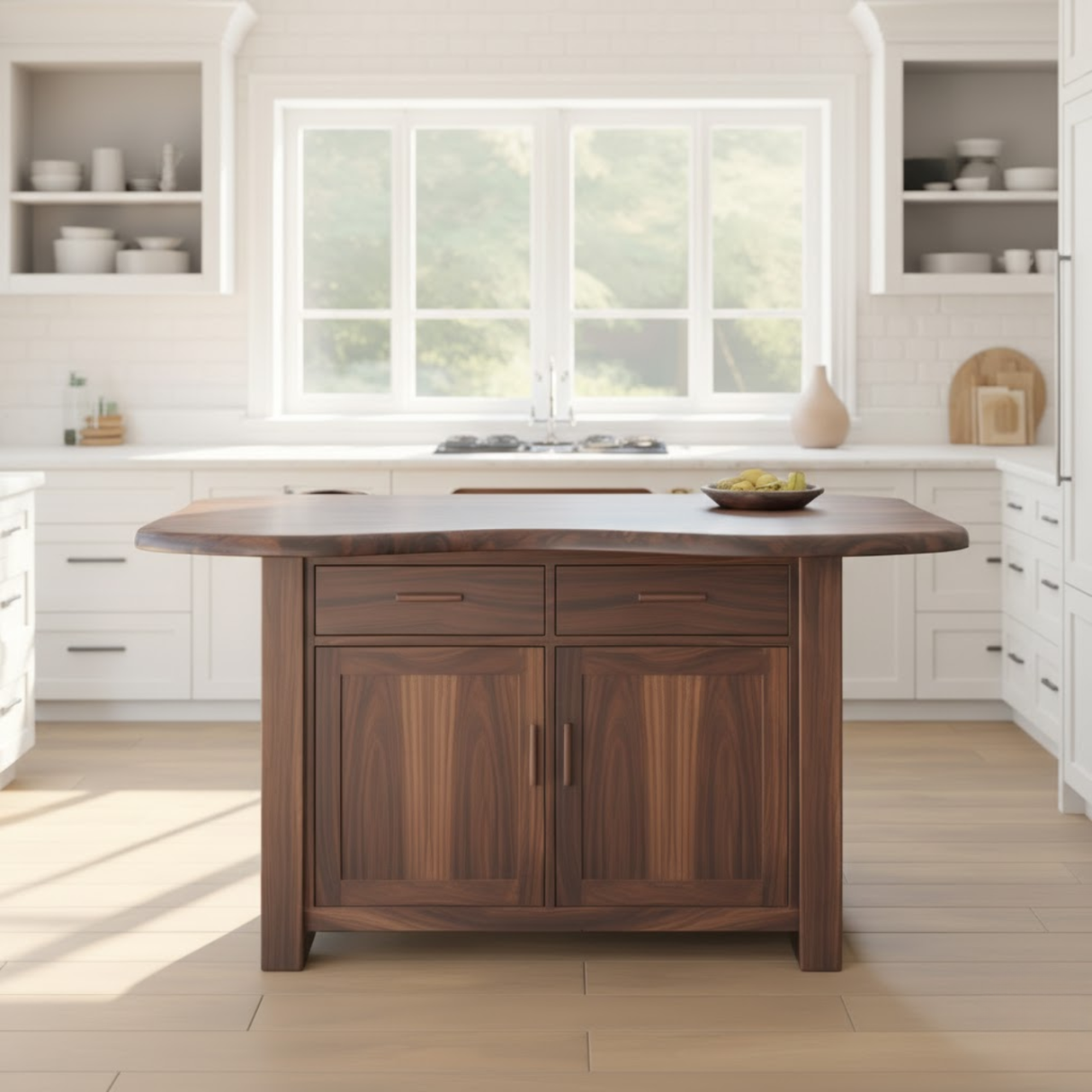 Handcrafted Solid Wood Kitchen Island with Live-Edge Curved Top and Spacious Storage