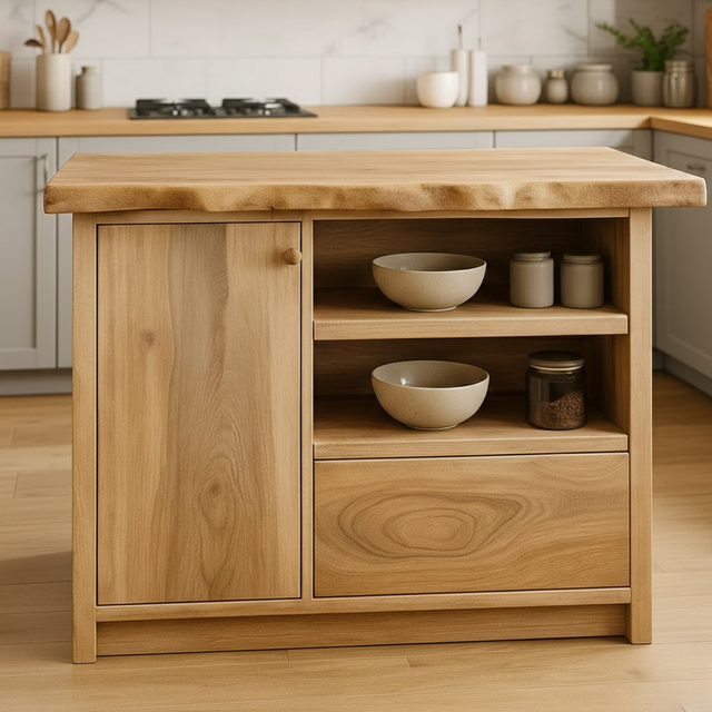 Handcrafted Solid Wood Kitchen Island with Live-Edge Top and Open Storage Shelves
