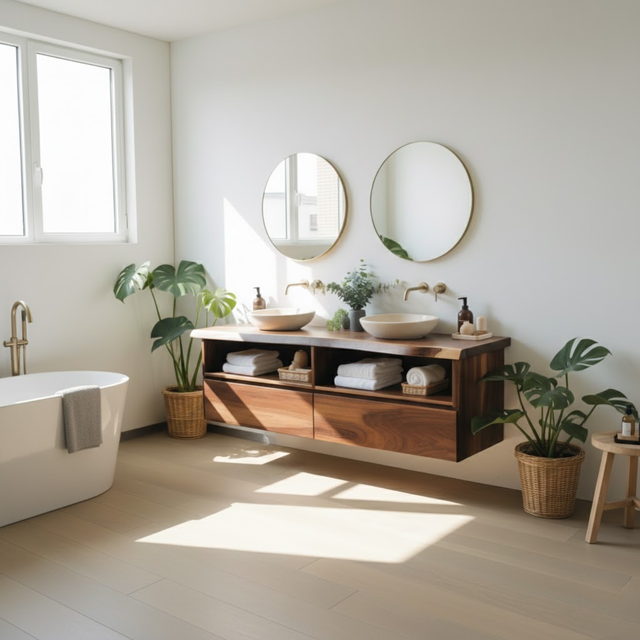 Handcrafted Solid Wood Floating Bathroom Vanity with Open Shelves & Soft-Close Drawers