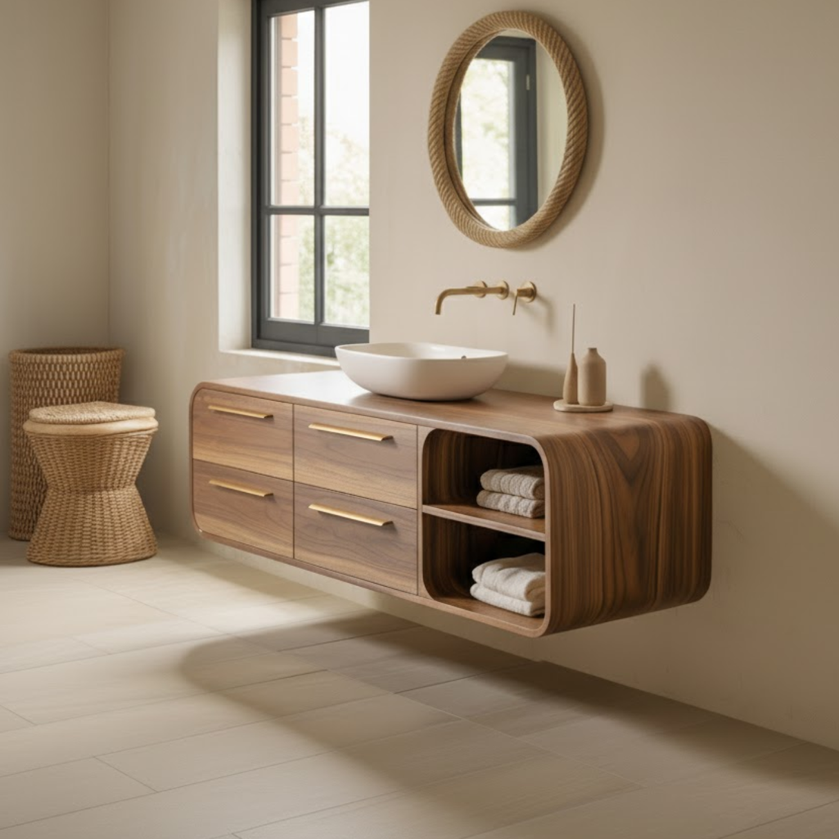 Handcrafted Solid Walnut Floating Vanity: Minimalist Gold Handle Bathroom Storage