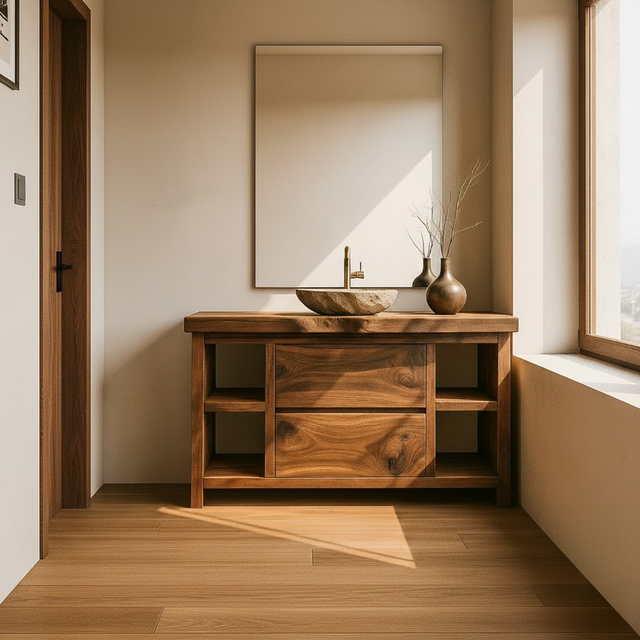 Handcrafted Solid Wood Bathroom Vanity with Live Edge Top and Curved Drawer Design