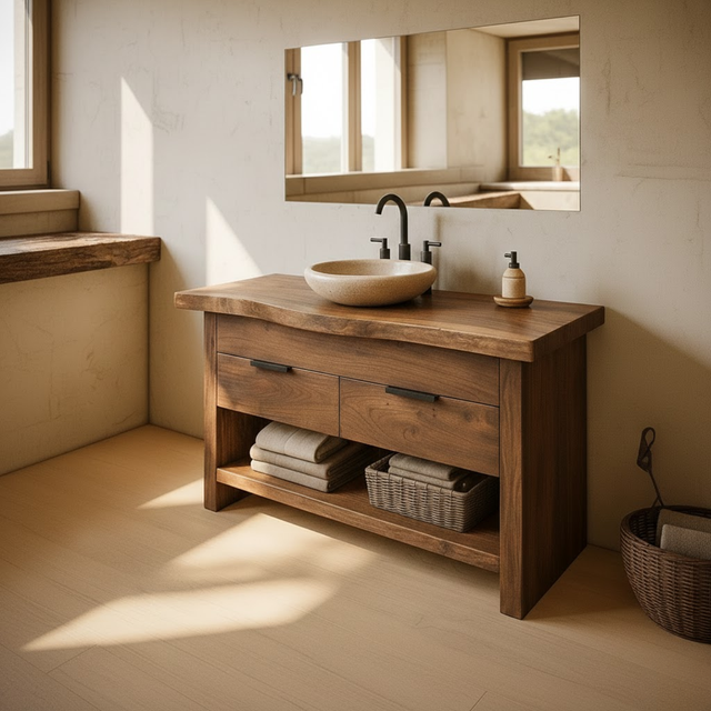 Handcrafted Solid Wood Bathroom Vanity with Live Edge Top and Open Storage Shelf