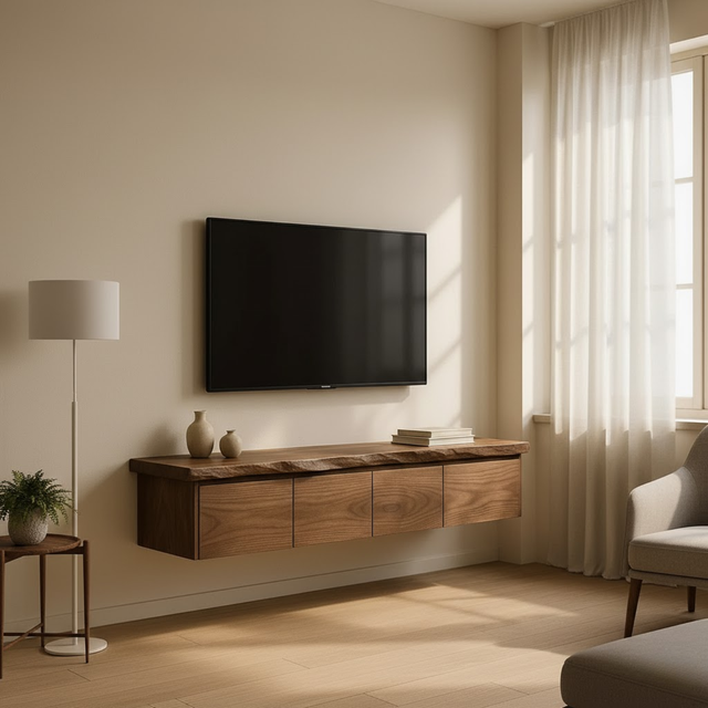 Handcrafted Solid Wood Floating TV Stand with Live Edge Walnut Top