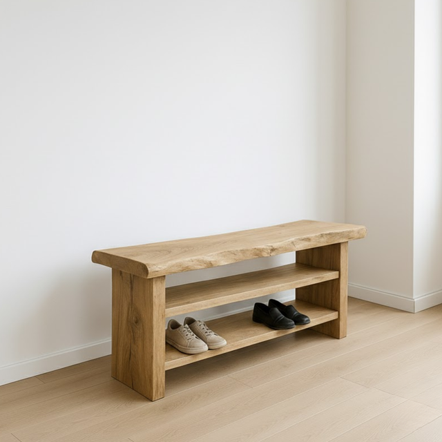 Handcrafted Solid Wood Entryway Bench with Shoe Storage – Natural Live-Edge Design