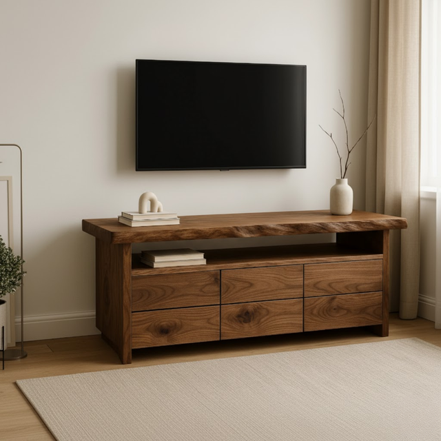 Handcrafted Solid Wood TV Stand with Live Edge Walnut Top and Modern Storage