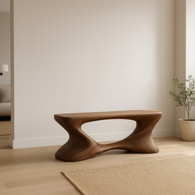 Handcrafted Solid Wood Bench – Sculptural Modern Walnut Wave Accent Table