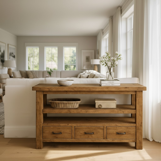 Handcrafted Solid Wood Console Table – Farmhouse Style with Three Storage Drawers