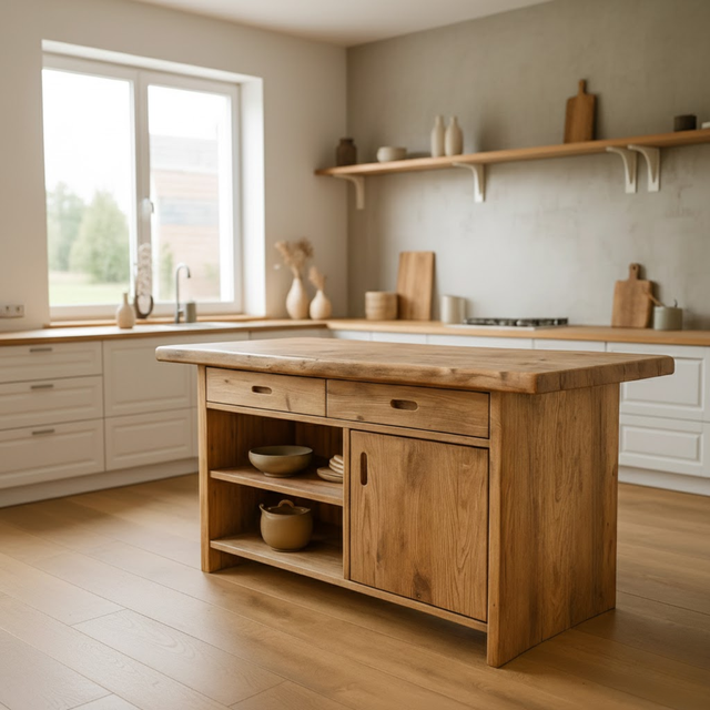 Handcrafted Solid Wood Kitchen Island with Open Shelves and Sliding-Door Storage