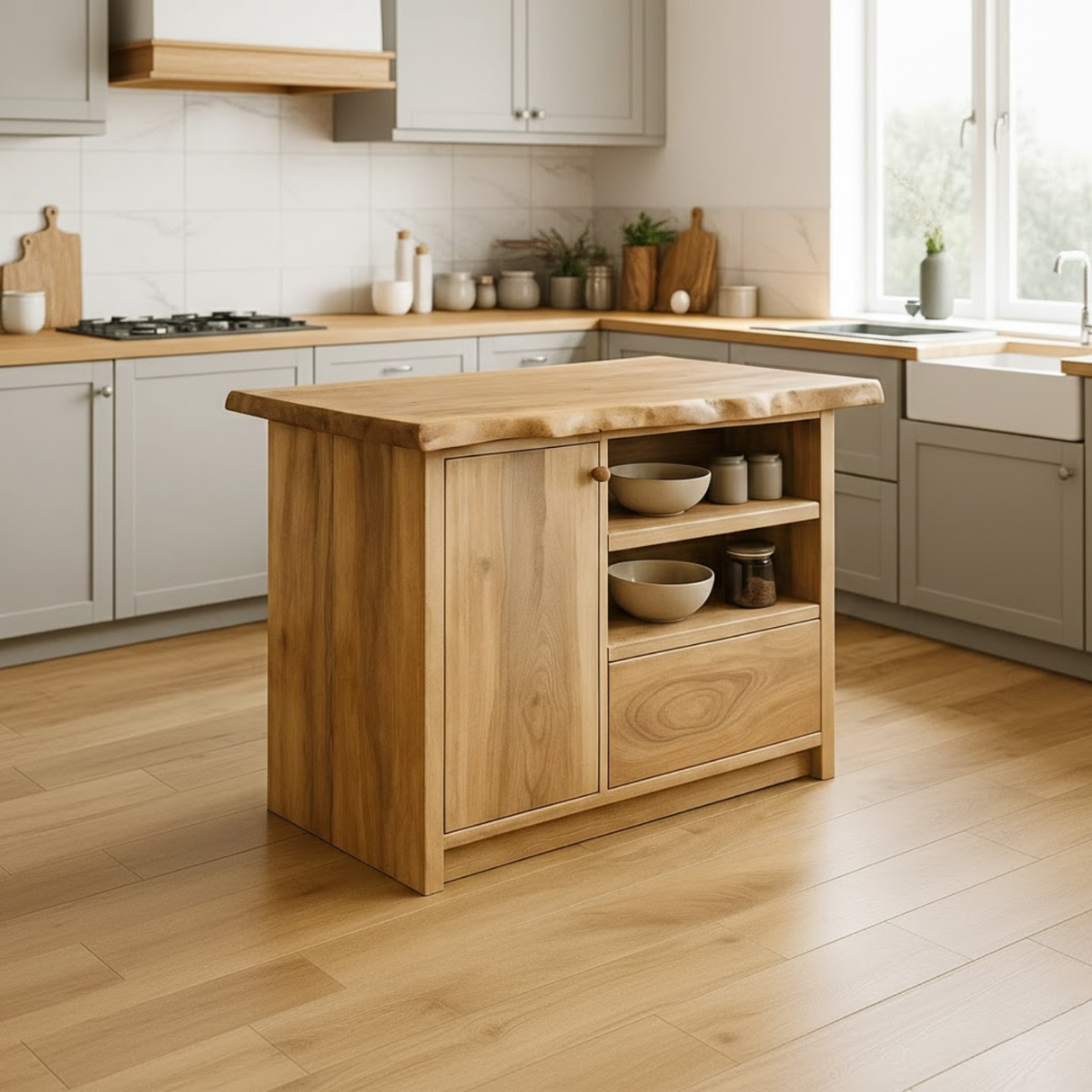 Handcrafted Solid Wood Kitchen Island with Live-Edge Top and Open Storage Shelves