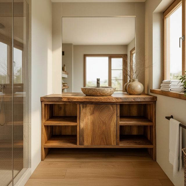 Handcrafted Solid Wood Bathroom Vanity with Central Sliding Door & Open Storage Shelves
