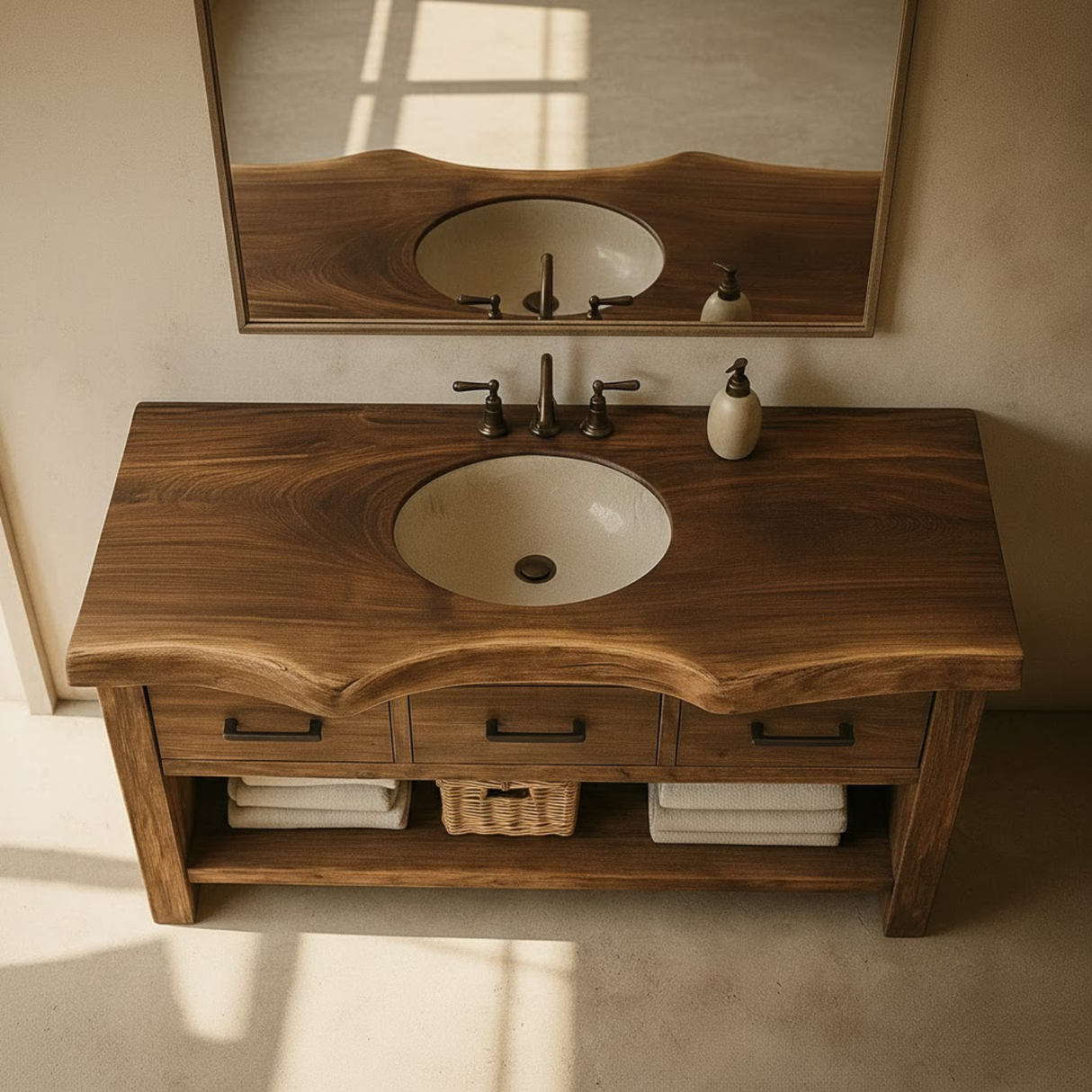 Handcrafted Solid Wood Bathroom Vanity with Live Edge Top, Triple Drawers & Open Storage Shelf