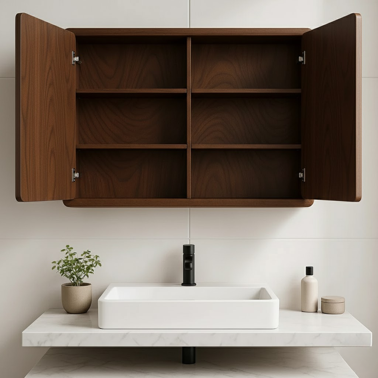 Handcrafted Solid Wood Wall Cabinet with Sculpted Wave Doors – Modern Artistic Bathroom Storage