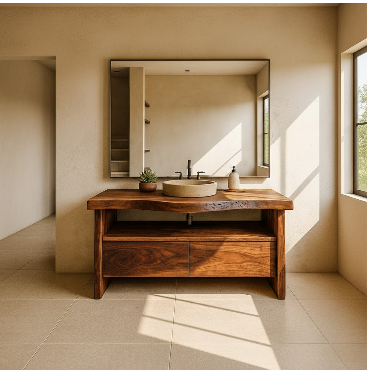 Handcrafted Solid Wood Bathroom Vanity with Live-Edge Walnut Top and Modern Storage Drawers