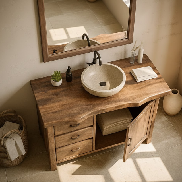 Handcrafted Solid Wood Bathroom Vanity with Live-Edge Top and Storage Drawers