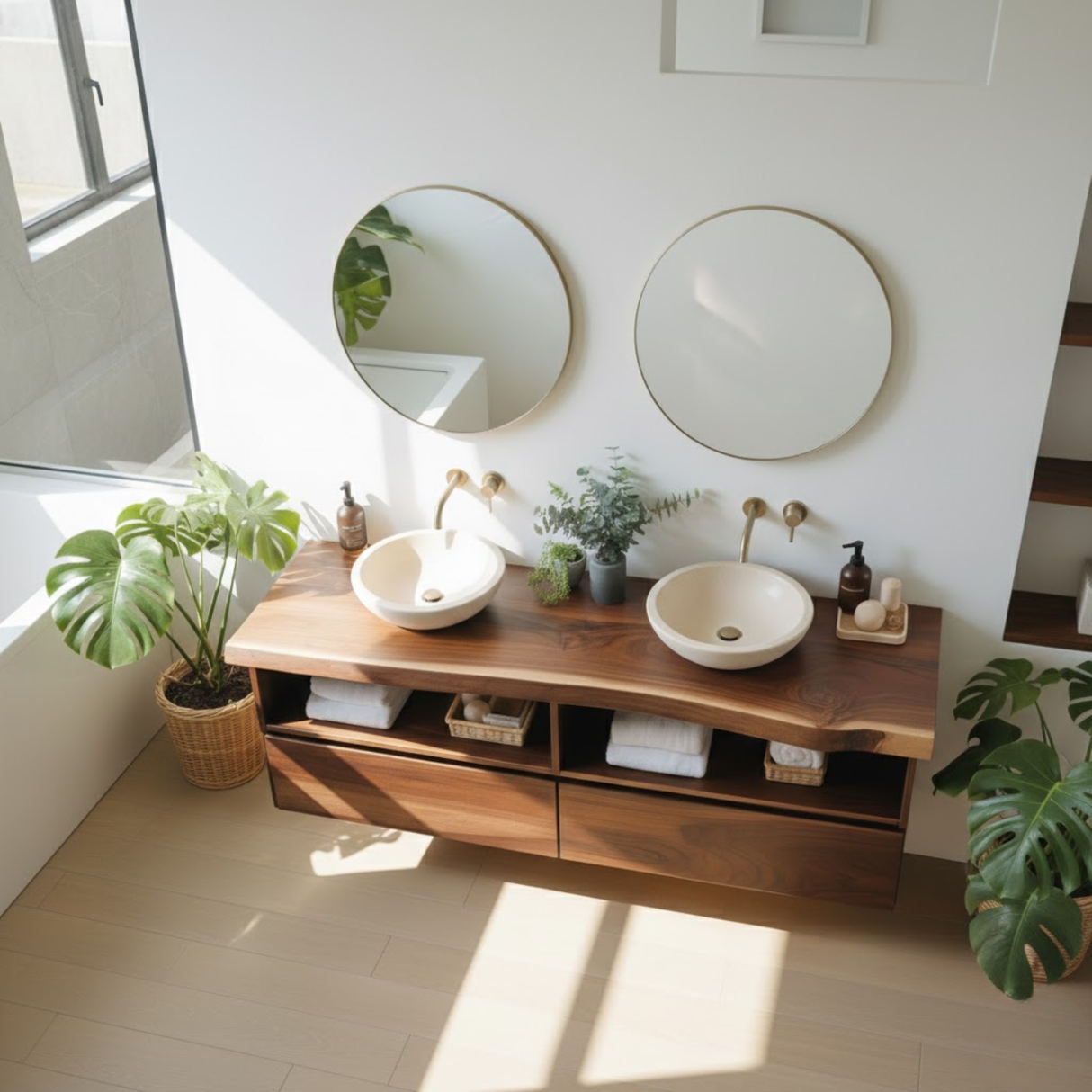Handcrafted Solid Wood Floating Bathroom Vanity with Open Shelves & Soft-Close Drawers
