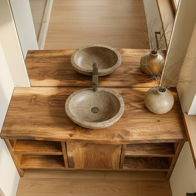 Handcrafted Solid Wood Bathroom Vanity with Central Sliding Door & Open Storage Shelves