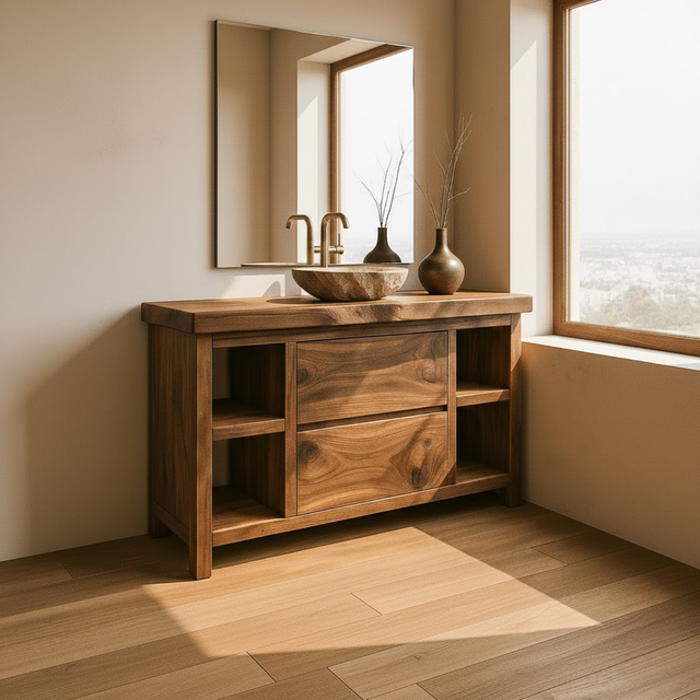 Handcrafted Solid Wood Bathroom Vanity with Live Edge Top and Curved Drawer Design