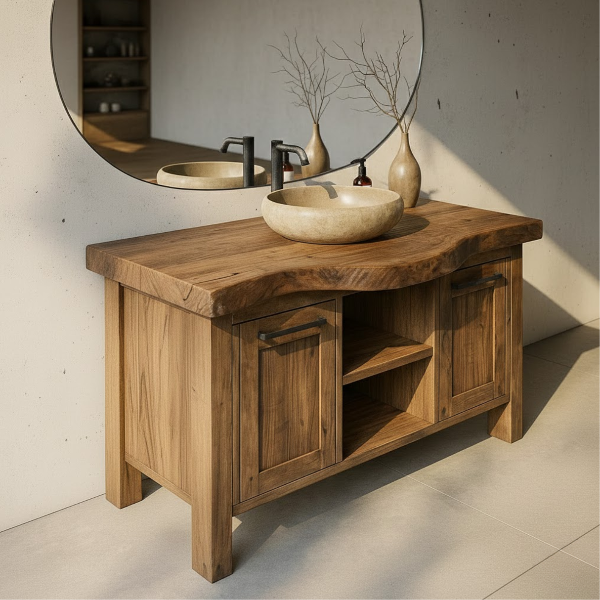 Handcrafted Solid Wood Bathroom Vanity with Live-Edge Top and Dual Side Cabinets