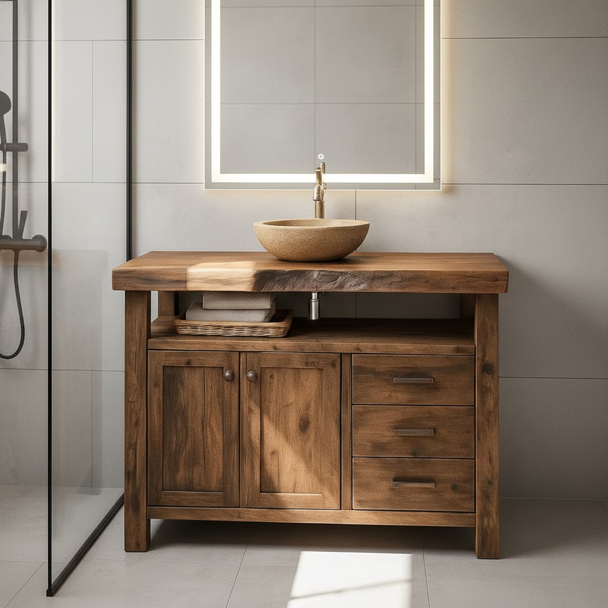 Handcrafted Solid Wood Bathroom Vanity with Live Edge Walnut Top, 3 Drawers and Cabinet